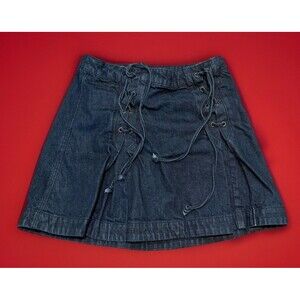 Free People lace up dark wash denim pleated, mini jean skirt, Y2K ~Size 6